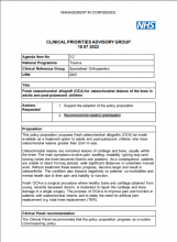 Clinical priorities advisory group summary report: Fresh osteochondral allograft for osteochondral lesions of the knee in adults and post-pubescent children