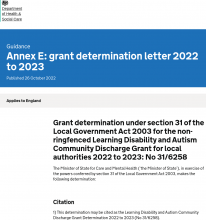 Learning Disability and Autism Community Discharge Grant 2020 to 2023: Annex E: grant determination letter 2022 to 2023