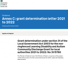 Learning Disability and Autism Community Discharge Grant 2020 to 2023: Annex C: grant determination letter 2021 to 2022