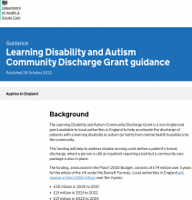 Learning Disability and Autism Community Discharge Grant guidance